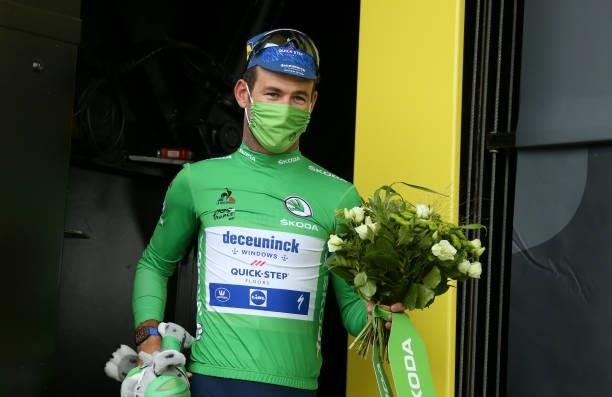 Mark Cavendish of Great Britain and Deceuninck - Quick Step retains the green jersey of best sprinter during the trophy ceremony of stage 5 of the...