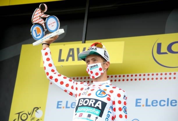 Ide Schelling of Netherlands and Bora - Hansgrohe retains the polka dot jersey of best climber during the trophy ceremony of stage 5 of the 108th...