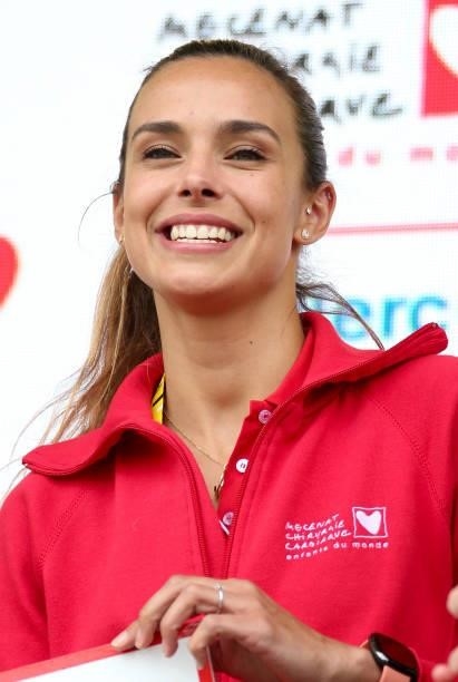 Marine Lorphelin during the podium ceremony to benefit Mecenat Chirurgie Cardiaque following stage 5 of the 108th Tour de France 2021, an Individual...