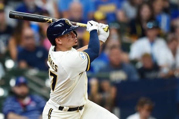 Willy Adames of the Milwaukee Brewers hits a grand slam against the Chicago Cubs in the fourth inning at American Family Field on June 30, 2021 in...