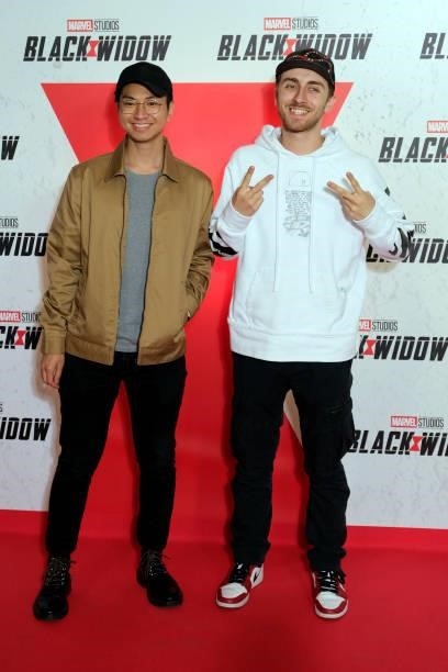 Henry Tran and SORA attend the “Black Widow” Paris Gala Screening at cinema Le Grand Rex on June 30, 2021 in Paris, France.
