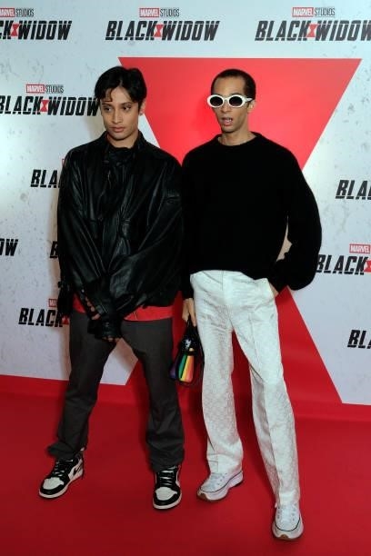 Sparkdise and Wesley Krid attend the “Black Widow” Paris Gala Screening at cinema Le Grand Rex on June 30, 2021 in Paris, France.