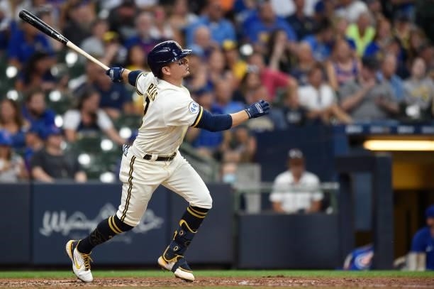 Luis Urias of the Milwaukee Brewers hits a solo home run against the Chicago Cubs in the sixth inning at American Family Field on June 30, 2021 in...