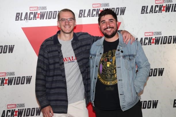 Leopold Lemarchand and a guest attend the “Black Widow” Paris Gala Screening at cinema Le Grand Rex on June 30, 2021 in Paris, France.