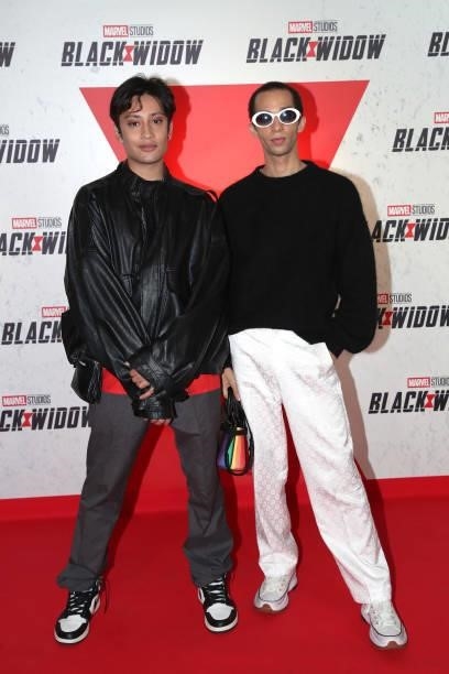 Sparkdise and Wesley Krid attend the “Black Widow” Paris Gala Screening at cinema Le Grand Rex on June 30, 2021 in Paris, France.