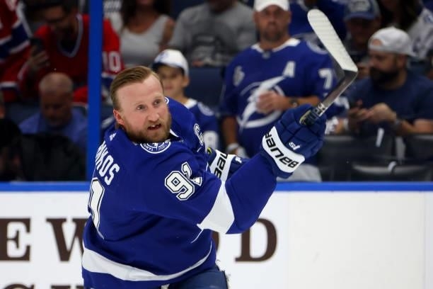 Steven Stamkos of the Tampa Bay Lightning warms up prior to Game Two of the 2021 NHL Stanley Cup Final against the Montreal Canadiens at Amalie Arena...
