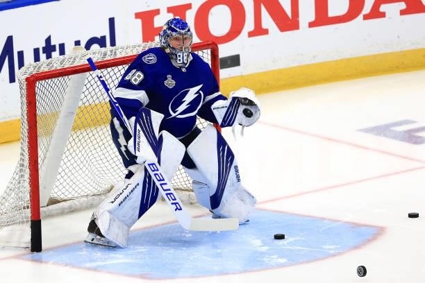 Andrei Vasilevskiy of the Tampa Bay Lightning warms up prior to Game Two of the 2021 NHL Stanley Cup Final against the Montreal Canadiens at Amalie...