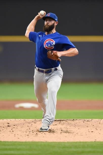 Jake Arrieta of the Chicago Cubs pitches against the Milwaukee Brewers in the first inning at American Family Field on June 30, 2021 in Milwaukee,...