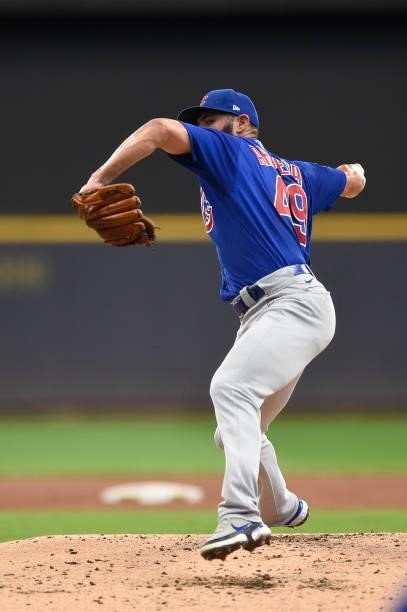 Jake Arrieta of the Chicago Cubs pitches against the Milwaukee Brewers in the first inning at American Family Field on June 30, 2021 in Milwaukee,...
