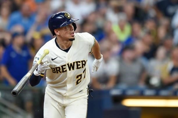 Willy Adames of the Milwaukee Brewers hits a grand slam against the Chicago Cubs in the fourth inning at American Family Field on June 30, 2021 in...