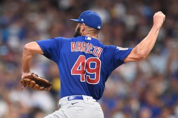 Jake Arrieta of the Chicago Cubs pitches against the Milwaukee Brewers in the second inning at American Family Field on June 30, 2021 in Milwaukee,...