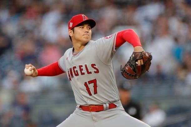 Shohei Ohtani of the Los Angeles Angels pitches during the first inning against the New York Yankees at Yankee Stadium on June 30, 2021 in the Bronx...