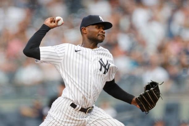 Domingo German of the New York Yankees pitches during the first inning against the Los Angeles Angels at Yankee Stadium on June 30, 2021 in the Bronx...