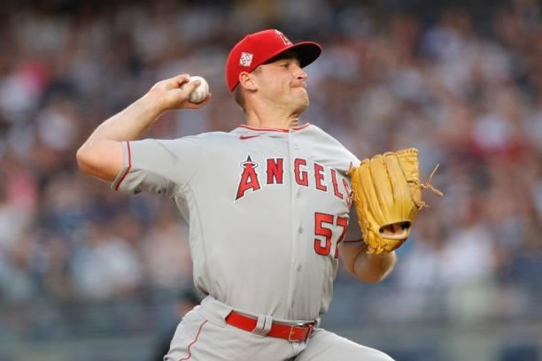 Aaron Slegers of the Los Angeles Angels pitches during the first inning against the New York Yankees at Yankee Stadium on June 30, 2021 in the Bronx...