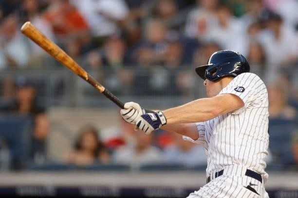 LeMahieu of the New York Yankees hits a 3-RBI double during the first inning against the Los Angeles Angels at Yankee Stadium on June 30, 2021 in the...