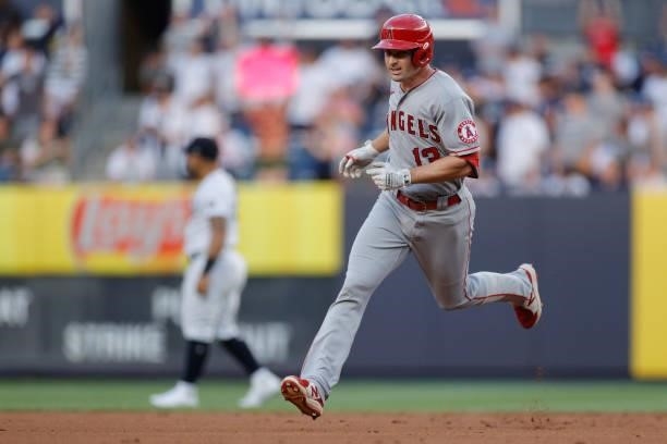 Phil Gosselin of the Los Angeles Angels rounds the bases after hitting a two-run home run during the first inning against the New York Yankees at...