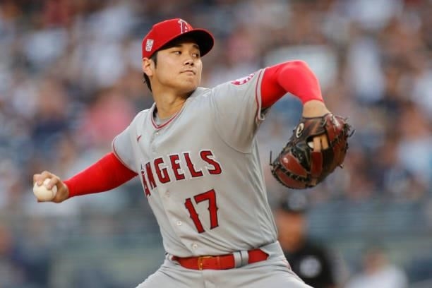 Shohei Ohtani of the Los Angeles Angels pitches during the first inning against the New York Yankees at Yankee Stadium on June 30, 2021 in the Bronx...
