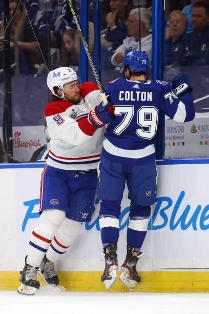 Ben Chiarot of the Montreal Canadiens collides with Ross Colton of the Tampa Bay Lightning in the first period of Game Two of the 2021 NHL Stanley...