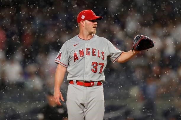 Dylan Bundy of the Los Angeles Angels pitches during the third inning against the New York Yankees at Yankee Stadium on June 30, 2021 in the Bronx...