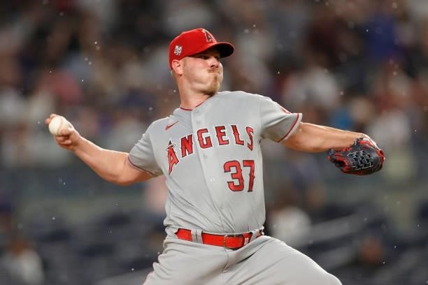 Dylan Bundy of the Los Angeles Angels pitches during the third inning against the New York Yankees at Yankee Stadium on June 30, 2021 in the Bronx...