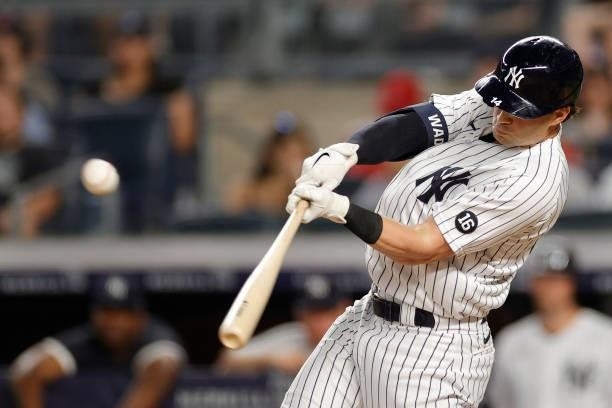 Tyler Wade of the New York Yankees singles during the third inning against the Los Angeles Angels at Yankee Stadium on June 30, 2021 in the Bronx...