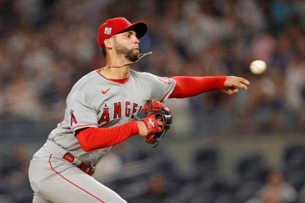 Alex Claudio of the Los Angeles Angels pitches during the third inning against the New York Yankees at Yankee Stadium on June 30, 2021 in the Bronx...