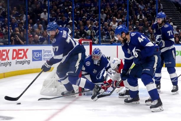 Victor Hedman of the Tampa Bay Lightning takes control of the puck during the second period in Game Two of the 2021 NHL Stanley Cup Final against the...