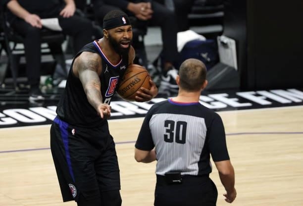 Marcus Morris Sr. #8 of the LA Clippers appeals to referee John Goble after a foul during the first half in Game Six of the Western Conference Finals...