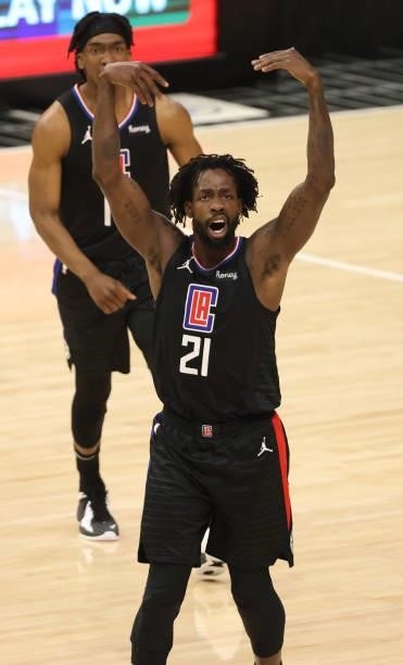 Patrick Beverley of the LA Clippers reacts to the crowd after a Phoenix Suns foul during the first half in Game Six of the Western Conference Finals...