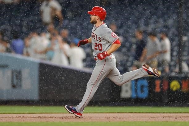 Jared Walsh of the Los Angeles Angels rounds the bases after hitting a solo home run during the fifth inning against the New York Yankees at Yankee...