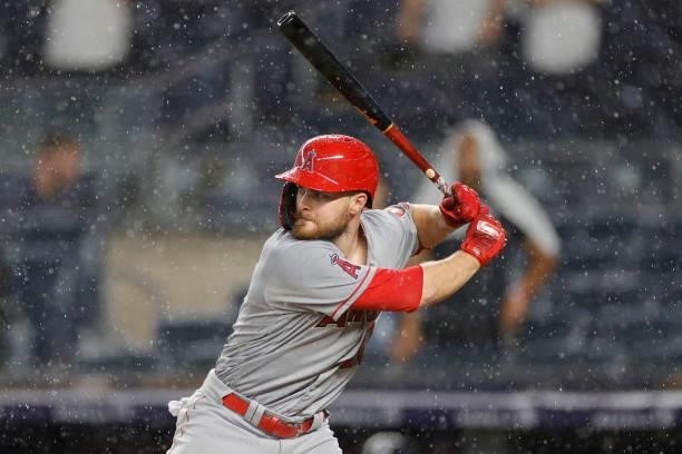 Jared Walsh of the Los Angeles Angels at bat during the fifth inning against the New York Yankees at Yankee Stadium on June 30, 2021 in the Bronx...