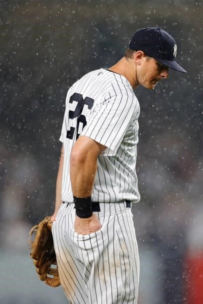 LeMahieu of the New York Yankees looks on in the rain during the fifth inning against the Los Angeles Angels at Yankee Stadium on June 30, 2021 in...
