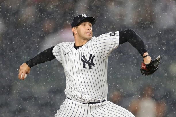 Luis Cessa of the New York Yankees pitches during the fifth inning against the Los Angeles Angels at Yankee Stadium on June 30, 2021 in the Bronx...