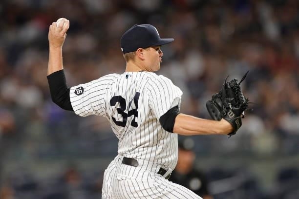 Justin Wilson of the New York Yankees pitches during the fourth inning against the Los Angeles Angels at Yankee Stadium on June 30, 2021 in the Bronx...