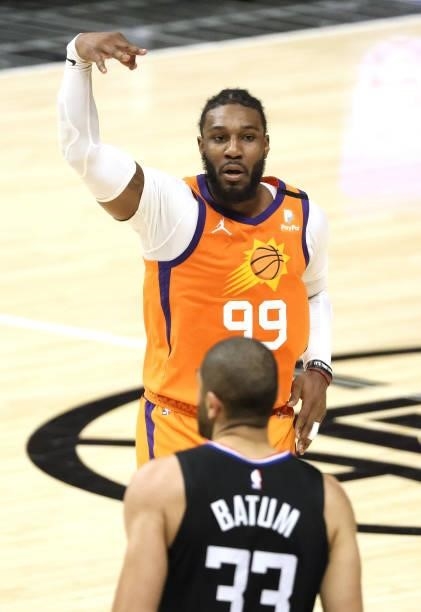 Jae Crowder of the Phoenix Suns celebrates a three point basket against the LA Clippers during the first half in Game Six of the Western Conference...