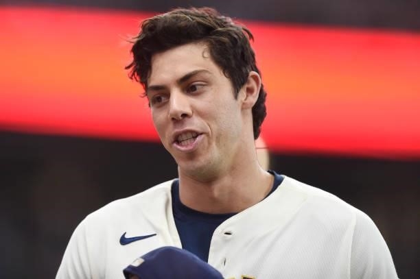 Christian Yelich of the Milwaukee Brewers looks on after the sixth inning against the Chicago Cubs at American Family Field on June 30, 2021 in...