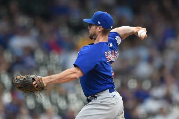 Eric Sogard of the Chicago Cubs pitches against the Milwaukee Brewers in the eighth inning at American Family Field on June 30, 2021 in Milwaukee,...