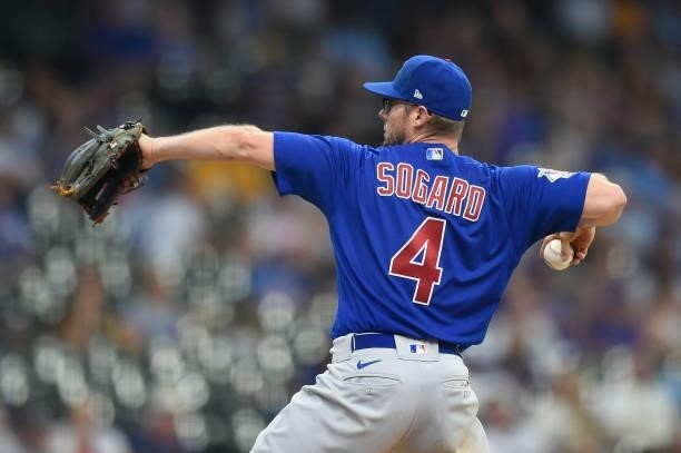 Eric Sogard of the Chicago Cubs pitches against the Milwaukee Brewers in the eighth inning at American Family Field on June 30, 2021 in Milwaukee,...