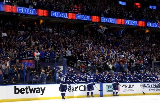 The Tampa Bay Lightning celebrate after a goal by Blake Coleman against the Montreal Canadiens during the second period of Game Two of the 2021...