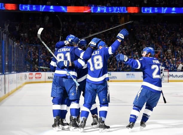 Ondrej Palat of the Tampa Bay Lightning celebrates his goal against the Montreal Canadiens with teammates during the third period of Game Two of the...