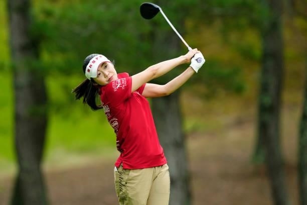 Kurumi Otsu of Japan hits her tee shot on the 4th hole during the third round of the Sky Ladies ABC Cup at the ABC Golf Club on July 1, 2021 in Kato,...