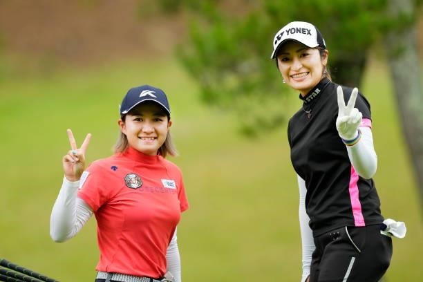 Ayame Sakuma and Mika Takushima of Japan pose on the 4th hole during the third round of the Sky Ladies ABC Cup at the ABC Golf Club on July 1, 2021...