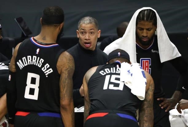 Head coach Tyronn Lue of the LA Clippers talks to his players during a time out in Game Six of the Western Conference Finals against the Phoenix Suns...