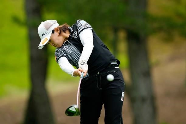 Yukiko Nishiki of Japan hits her tee shot on the 4th hole during the third round of the Sky Ladies ABC Cup at the ABC Golf Club on July 1, 2021 in...
