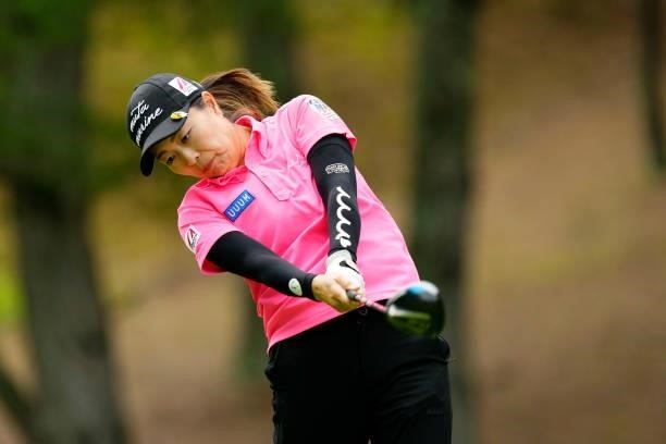 Mayu Hattori of Japan hits her tee shot on the 4th hole during the third round of the Sky Ladies ABC Cup at the ABC Golf Club on July 1, 2021 in...