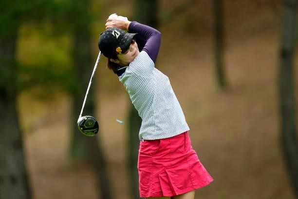 Tomoko Kanai of Japan hits her tee shot on the 4th hole during the third round of the Sky Ladies ABC Cup at the ABC Golf Club on July 1, 2021 in...