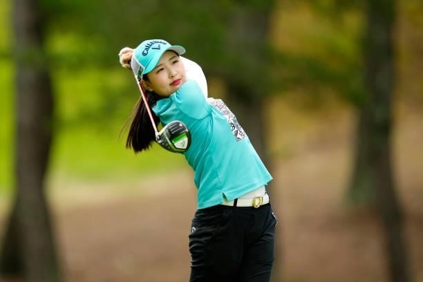 Hana Lee of South Korea hits her tee shot on the 4th hole during the third round of the Sky Ladies ABC Cup at the ABC Golf Club on July 1, 2021 in...