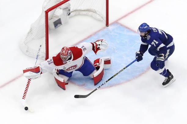 Carey Price of the Montreal Canadiens makes the save against Anthony Cirelli of the Tampa Bay Lightning during the second period in Game Two of the...
