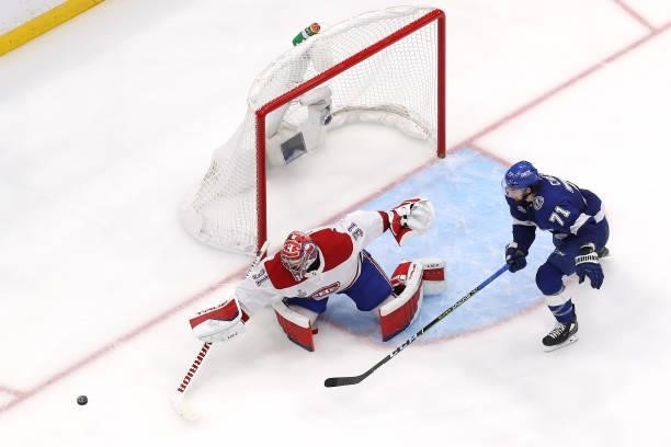 Carey Price of the Montreal Canadiens makes the save against Anthony Cirelli of the Tampa Bay Lightning during the second period in Game Two of the...