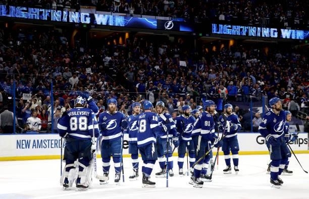 The Tampa Bay Lightning celebrate after their 3-1 victory over the Montreal Canadiens after Game Two of the 2021 Stanley Cup Final at Amalie Arena on...